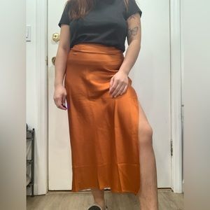 Orange Satin Midi Skirt with Slit